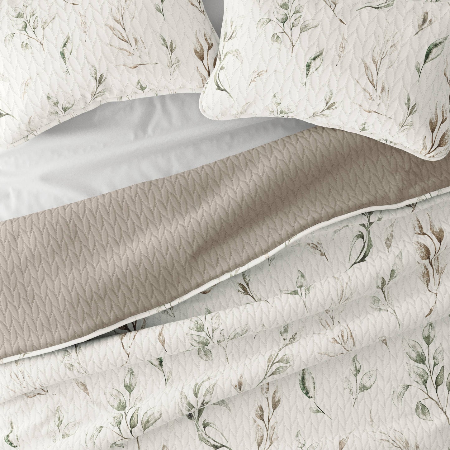 Watercolor Leaves Reversible Quilted Coverlet Set