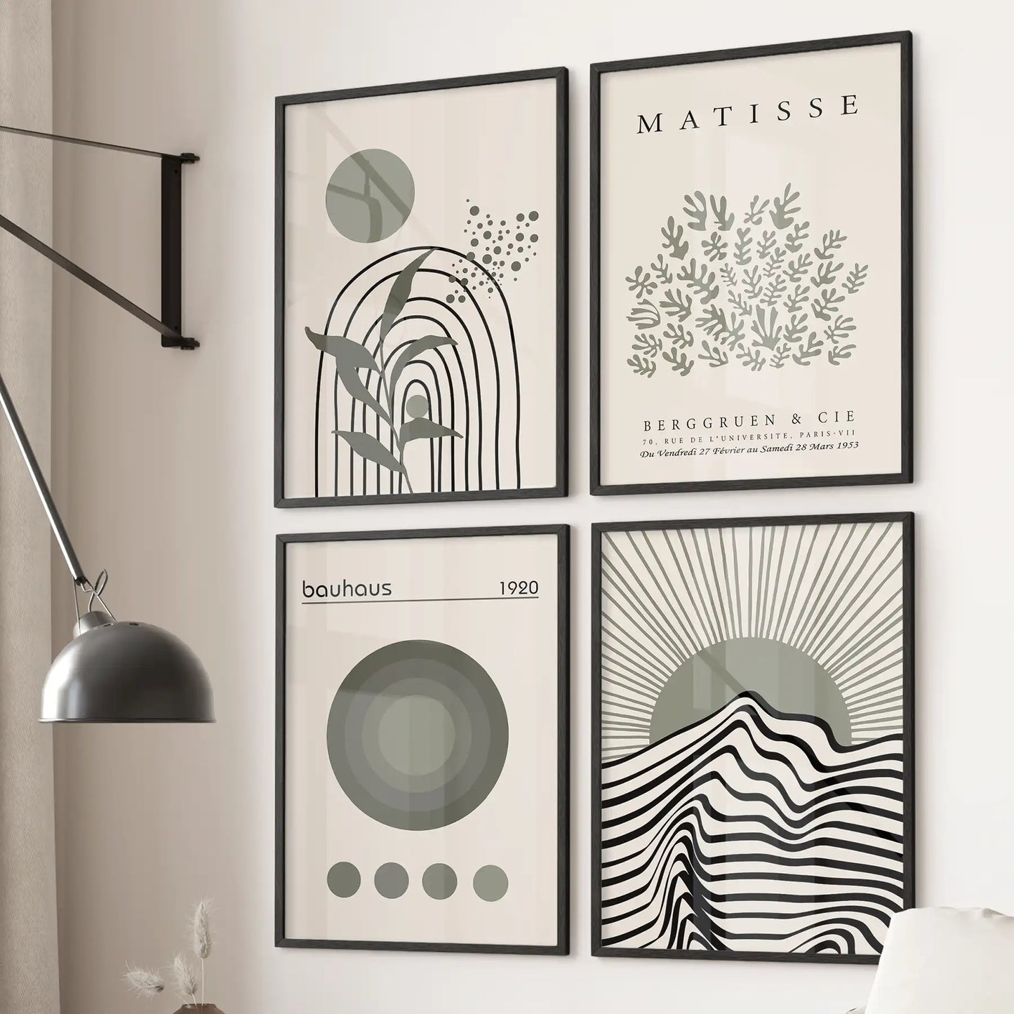 Modern Sage Green Wall Art. Set of 4 Bauhaus and Matisse-Inspired Prints  (online exclusive)