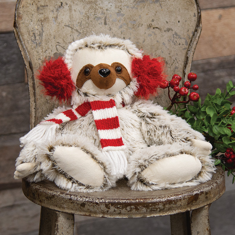 FUZZY BROWN SITTING SLOTH W/ STRIPED SCARF