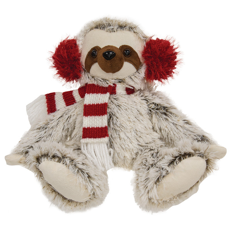 FUZZY BROWN SITTING SLOTH W/ STRIPED SCARF