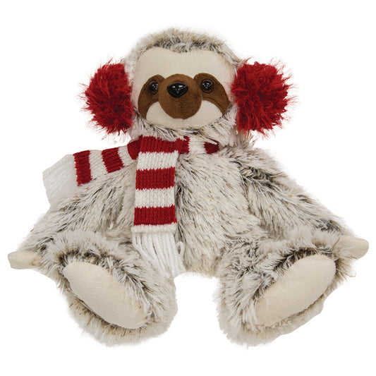 FUZZY BROWN SITTING SLOTH W/ STRIPED SCARF