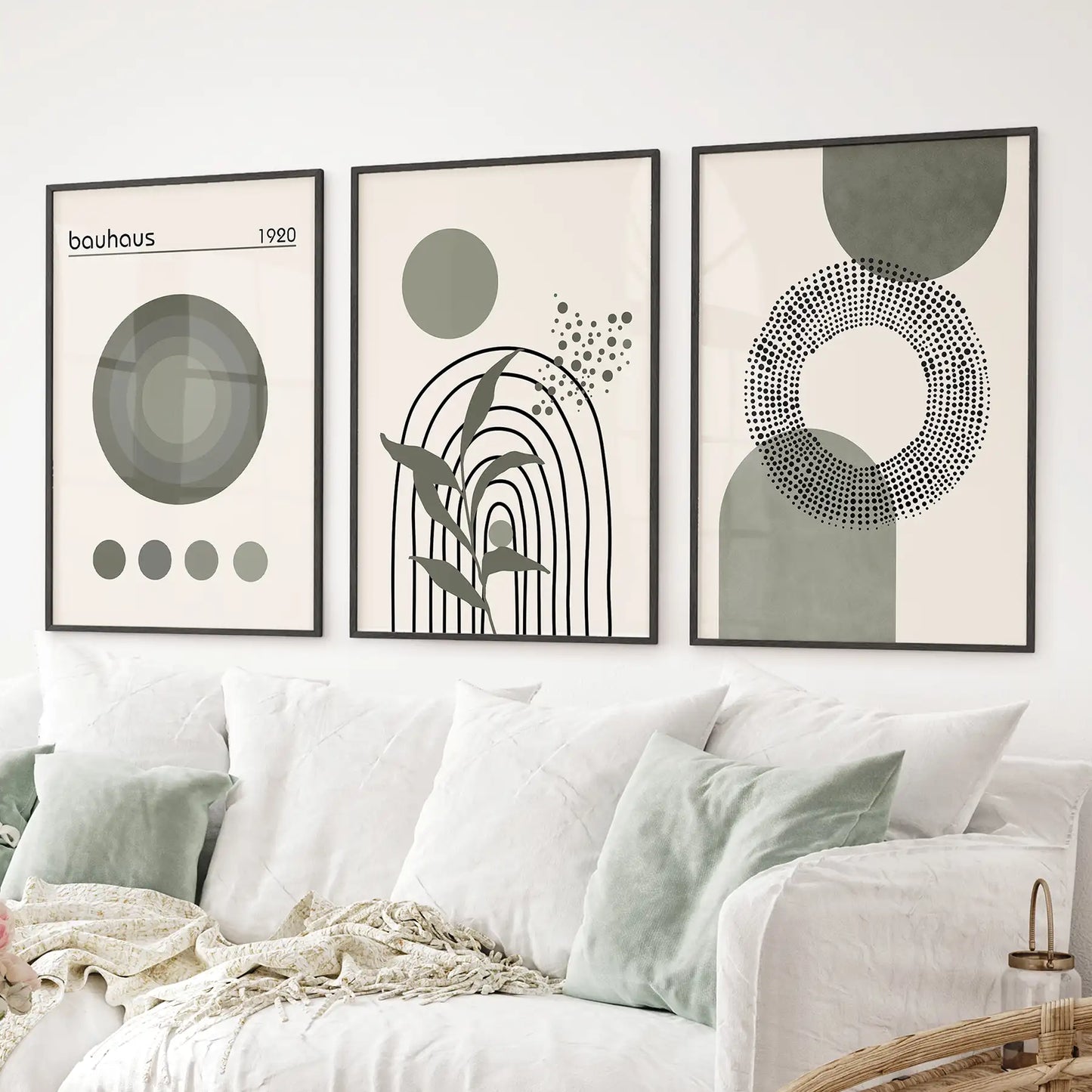 Boho Green Poster Set of 3. Bauhaus and Mid Century  Abstract Prints  (online exclusive)