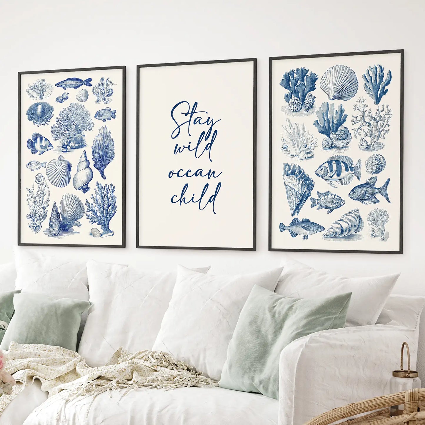 Coastal Sea Life Prints. Blue Sea Shells and Fish Print  Set  (online exclusive)