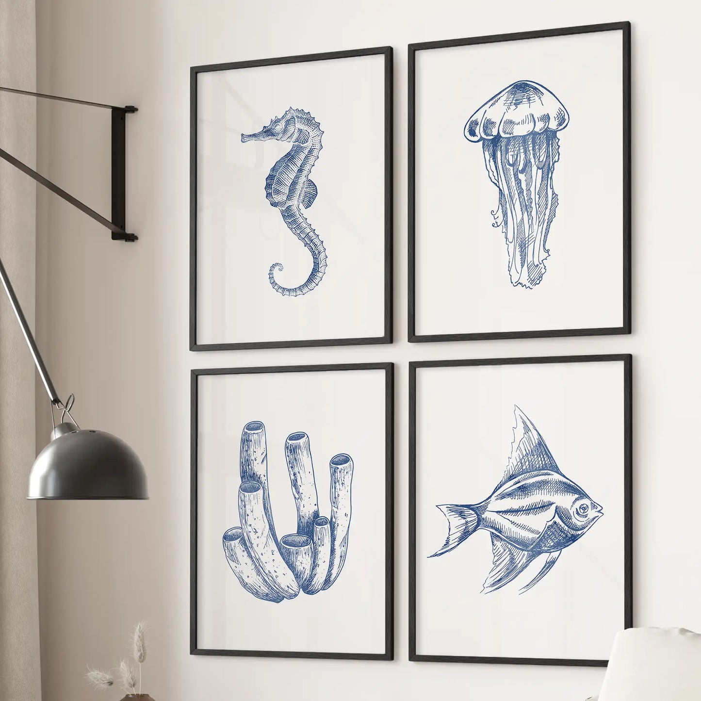 Blue Coastal Artwork. Set of 4 Posters. Jellyfish, Fish  Print  (online exclusive)