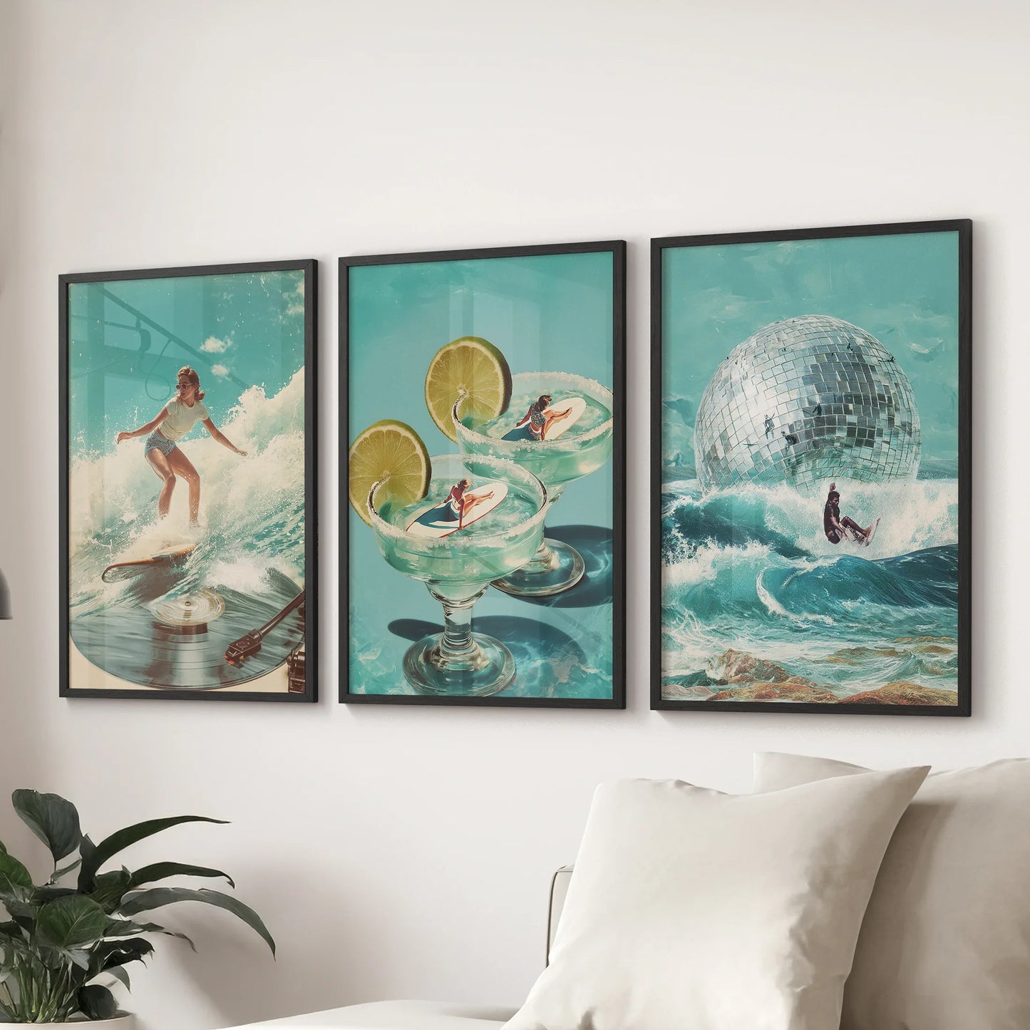Retro Coastal Surfing Wall Art Set of 3. Surreal Blue Wave  (online exclusive)