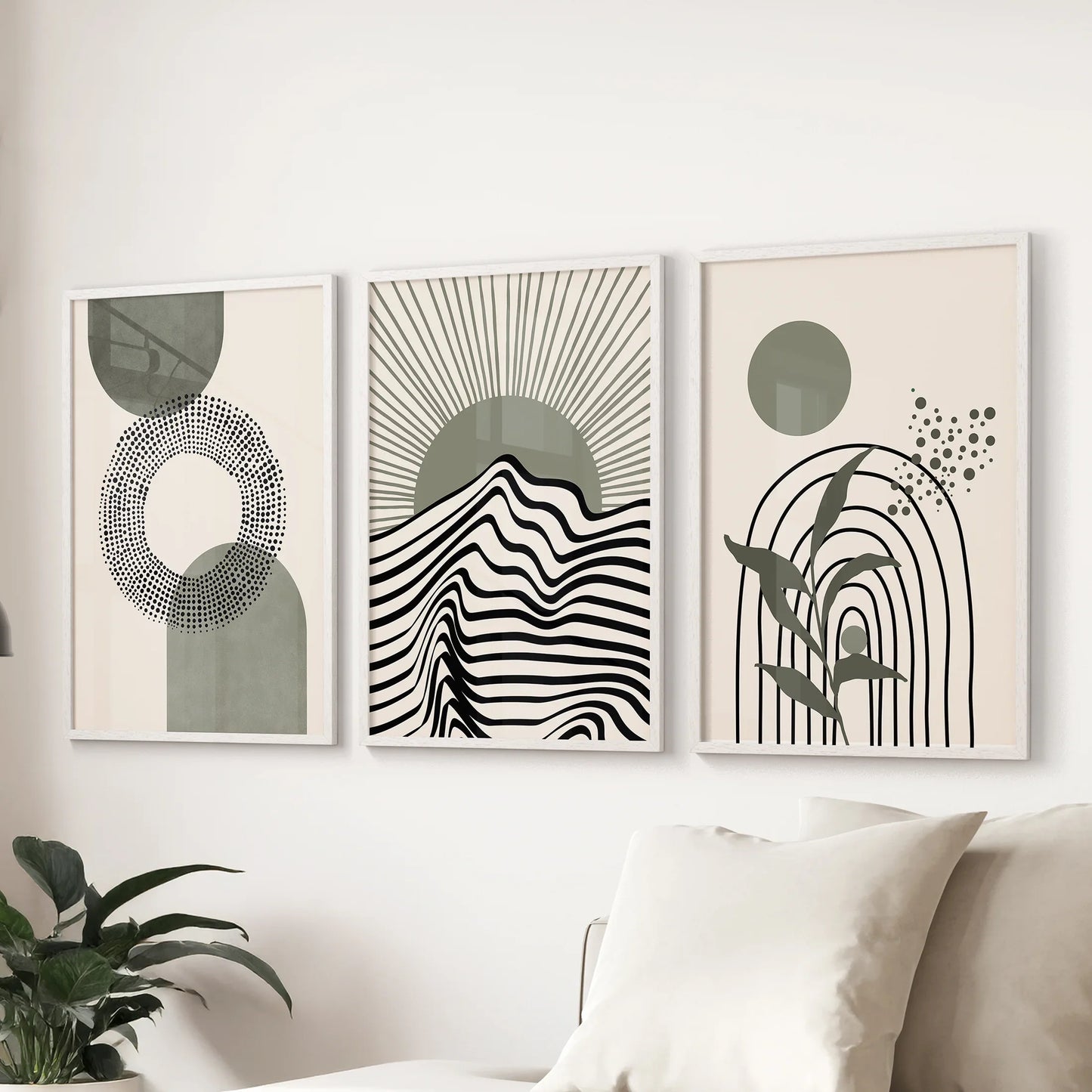 Boho Sage Green 3 Piece Wall Art. Mid-Century Art  Prints for Living Room  (online exclusive)