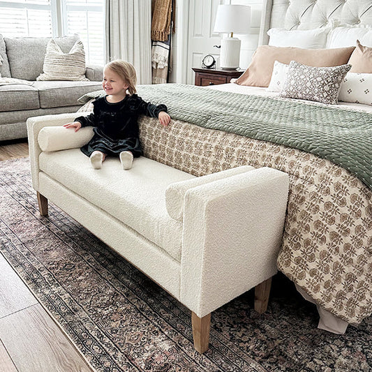 56 Inch Modern Boucle Accent Bench with Round Pillows (Online Exclusive)
