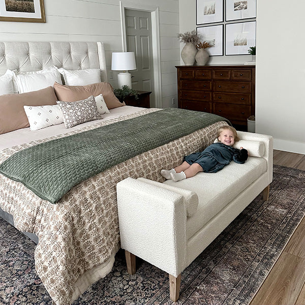 56 Inch Modern Boucle Accent Bench with Round Pillows (Online Exclusive)