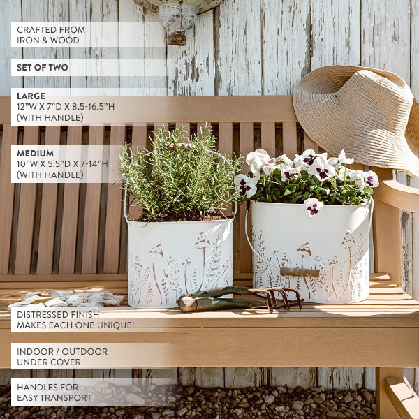 Rustic Cream Mushroom Embossed Metal Buckets, Set of Two (Online Exclusive)