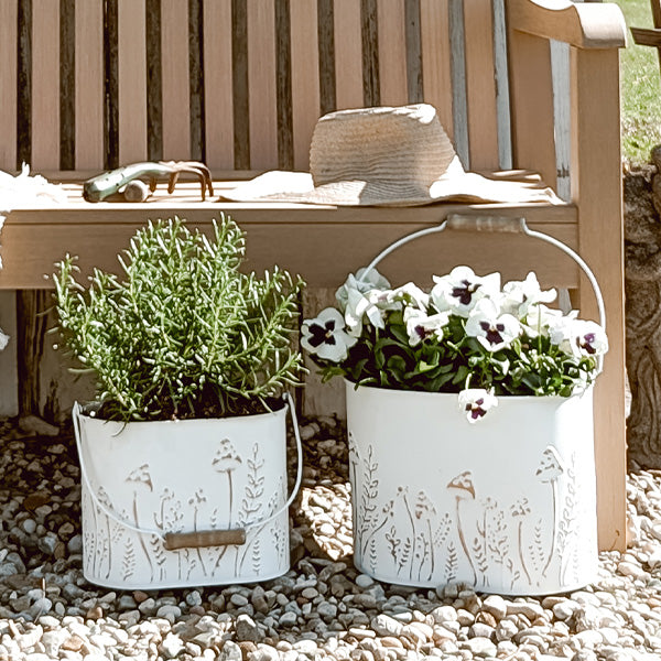 Rustic Cream Mushroom Embossed Metal Buckets, Set of Two (Online Exclusive)