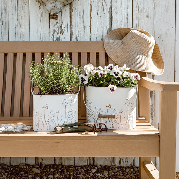 Rustic Cream Mushroom Embossed Metal Buckets, Set of Two (Online Exclusive)