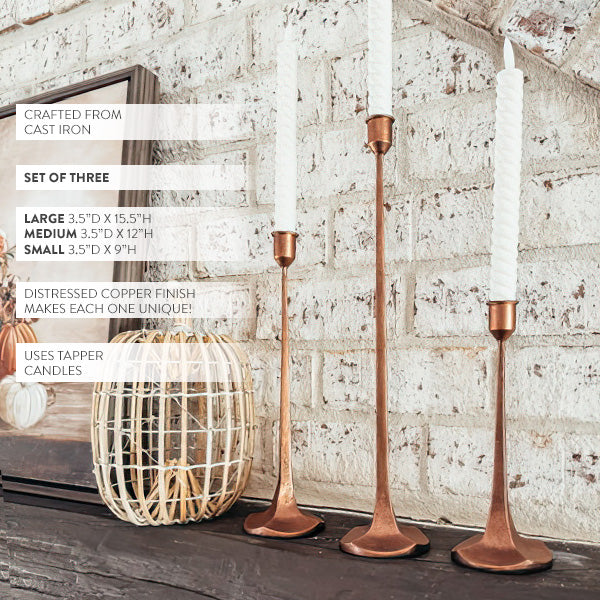 Copper Finish Cast Iron Taper Candle Holders, Set of Three (Online Exclusive)