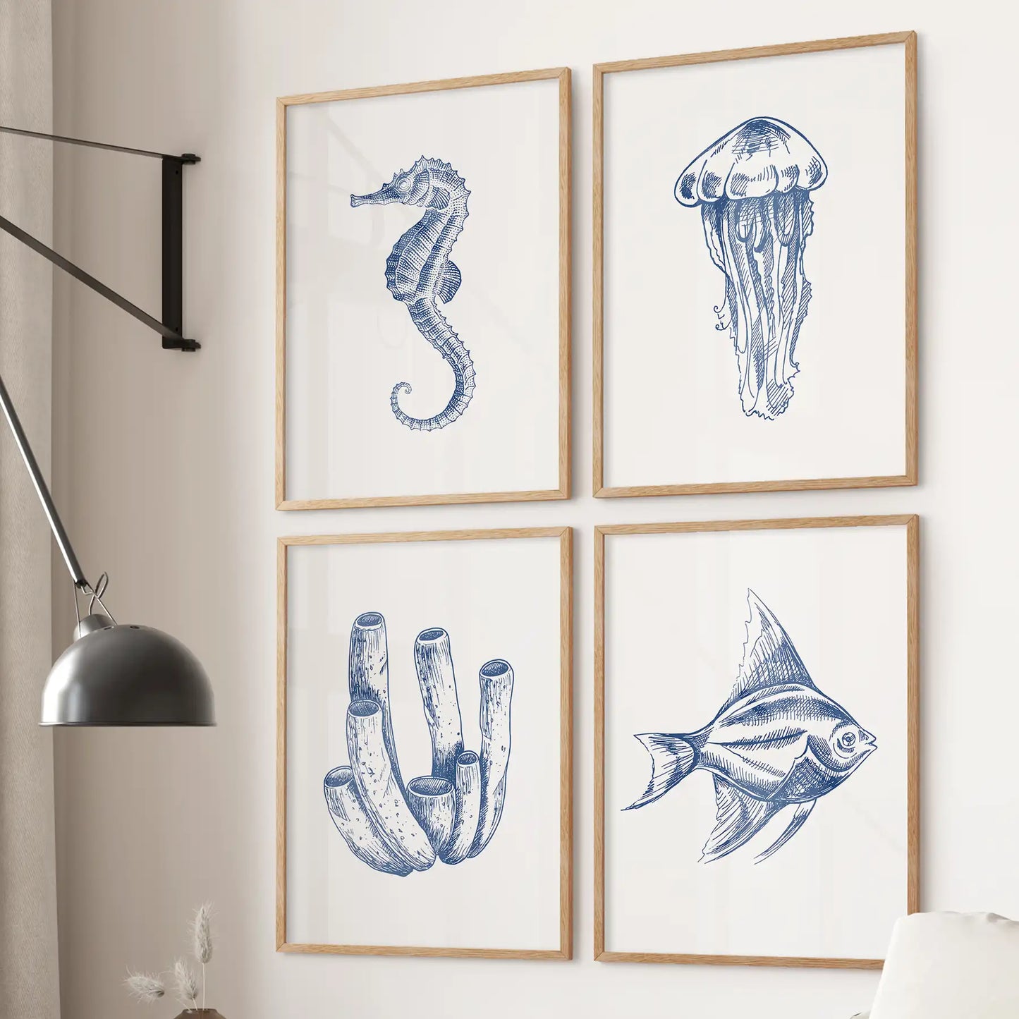 Blue Coastal Artwork. Set of 4 Posters. Jellyfish, Fish  Print  (online exclusive)