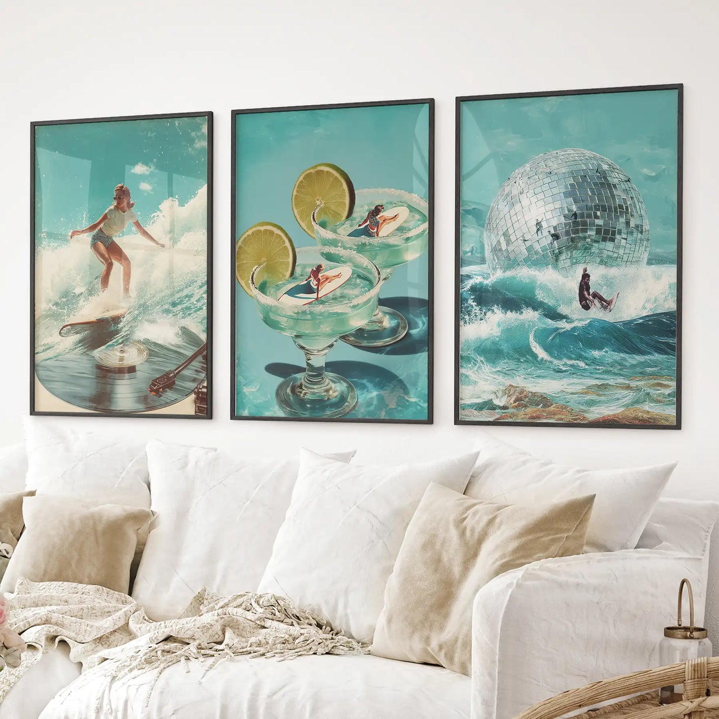 Retro Coastal Surfing Wall Art Set of 3. Surreal Blue Wave  (online exclusive)