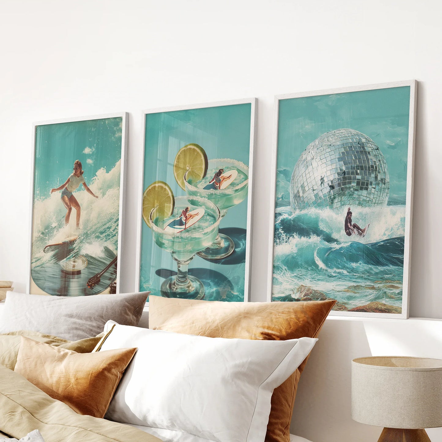 Retro Coastal Surfing Wall Art Set of 3. Surreal Blue Wave  (online exclusive)