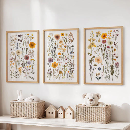 Colorful Botanical Flower Set of 3. Wildflower Prints