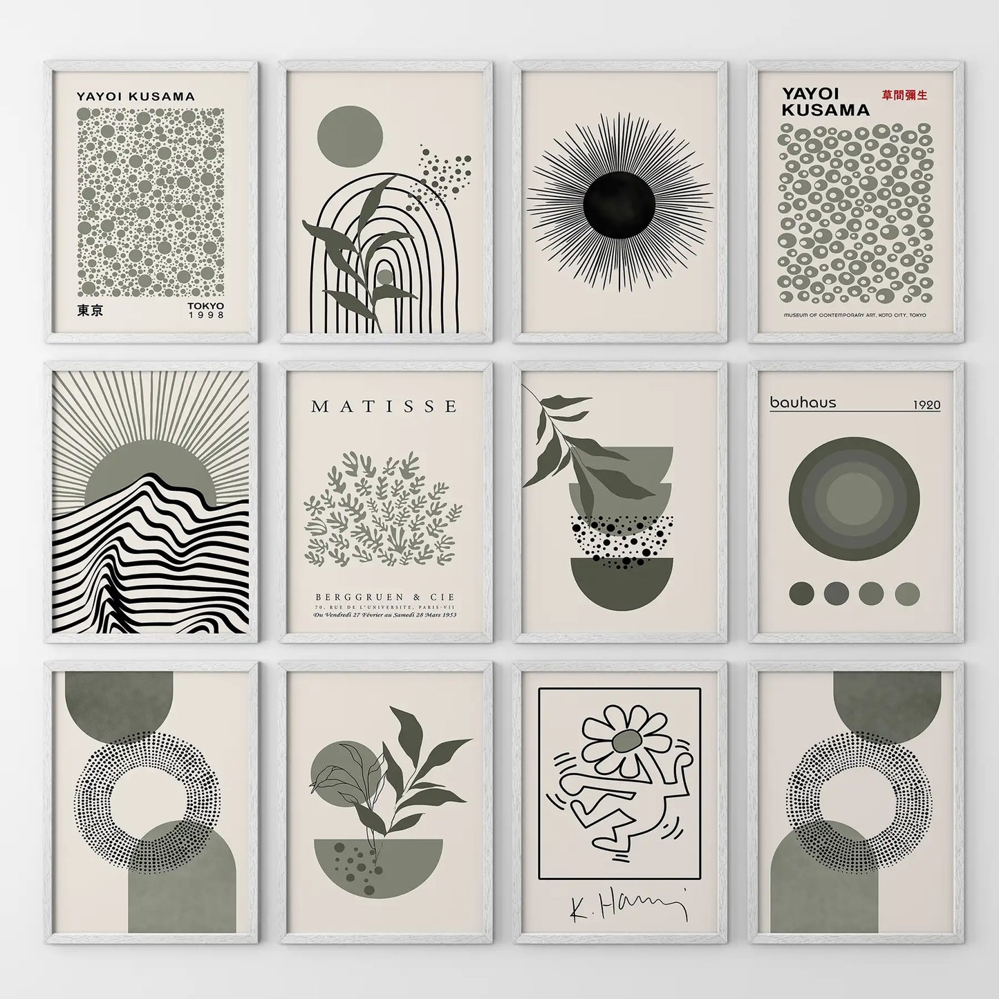 Set of 12 Sage Green Art. Abstract Matisse, Bauhaus  MCM Prints  (online exclusive)