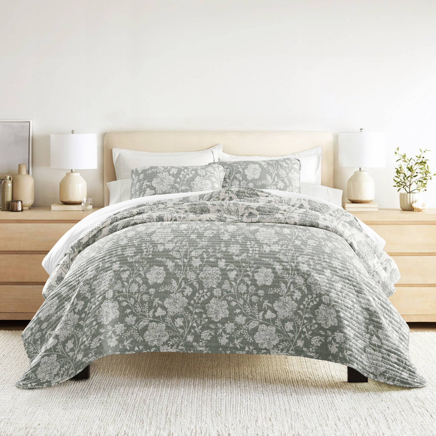 Textured Floral All Season Patterned Reversible Quilt Set