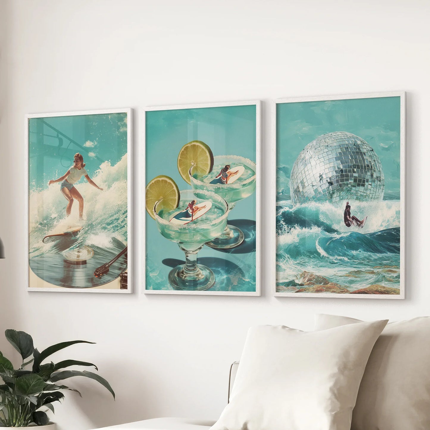 Retro Coastal Surfing Wall Art Set of 3. Surreal Blue Wave  (online exclusive)