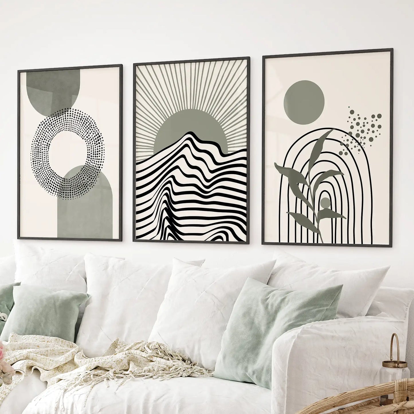 Boho Sage Green 3 Piece Wall Art. Mid-Century Art  Prints for Living Room  (online exclusive)