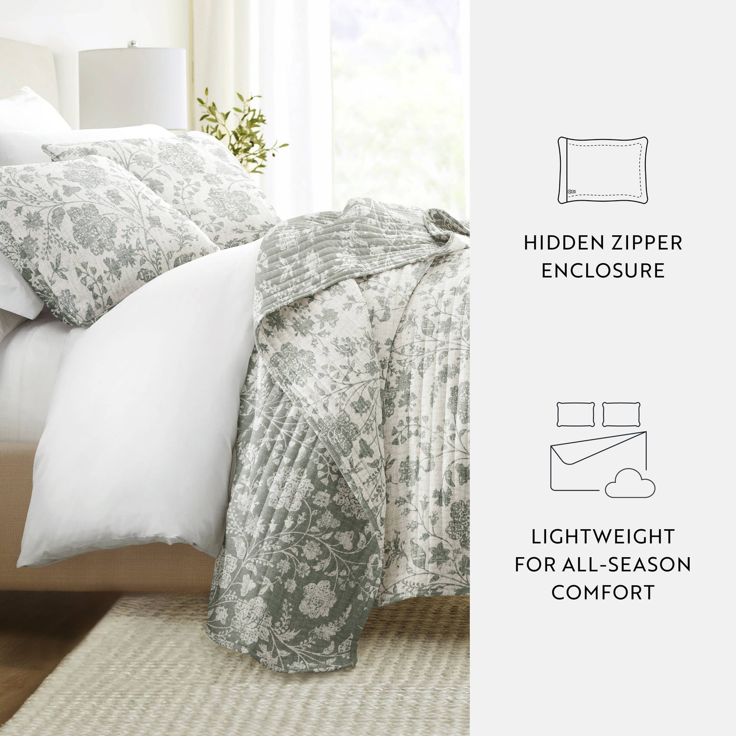 Textured Floral All Season Patterned Reversible Quilt Set
