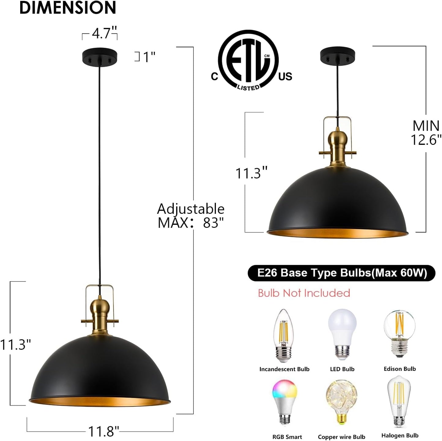 12 Inch Farmhouse Dome Pendant Lights  (Online Exclusive)