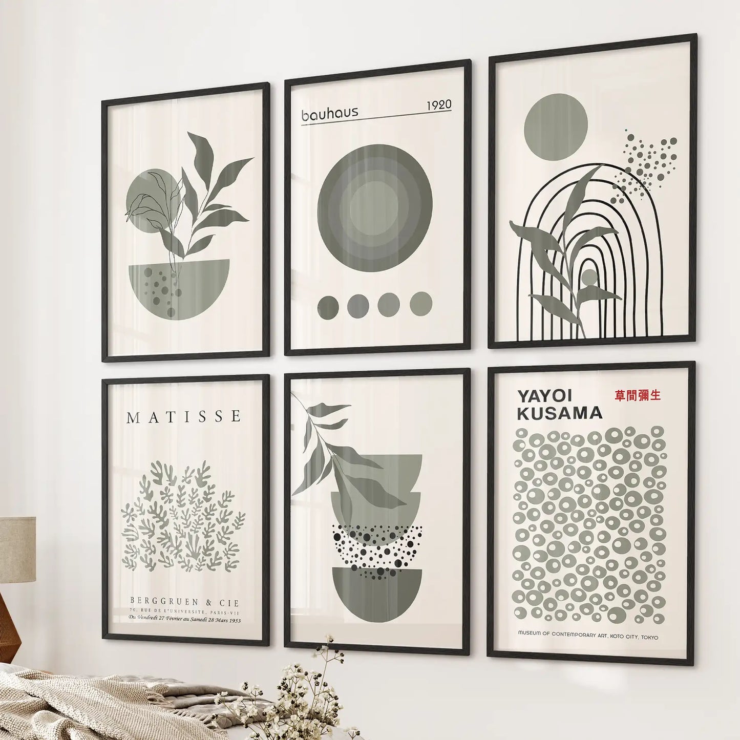 Sage Green Gallery Wall. Set of 6 Abstract Posters  Inspired by Matisse, Kusama and Bauhaus