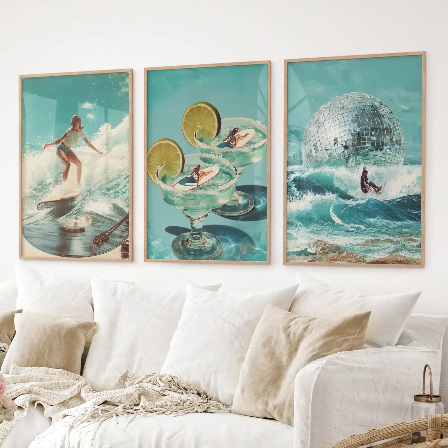 Retro Coastal Surfing Wall Art Set of 3. Surreal Blue Wave  (online exclusive)
