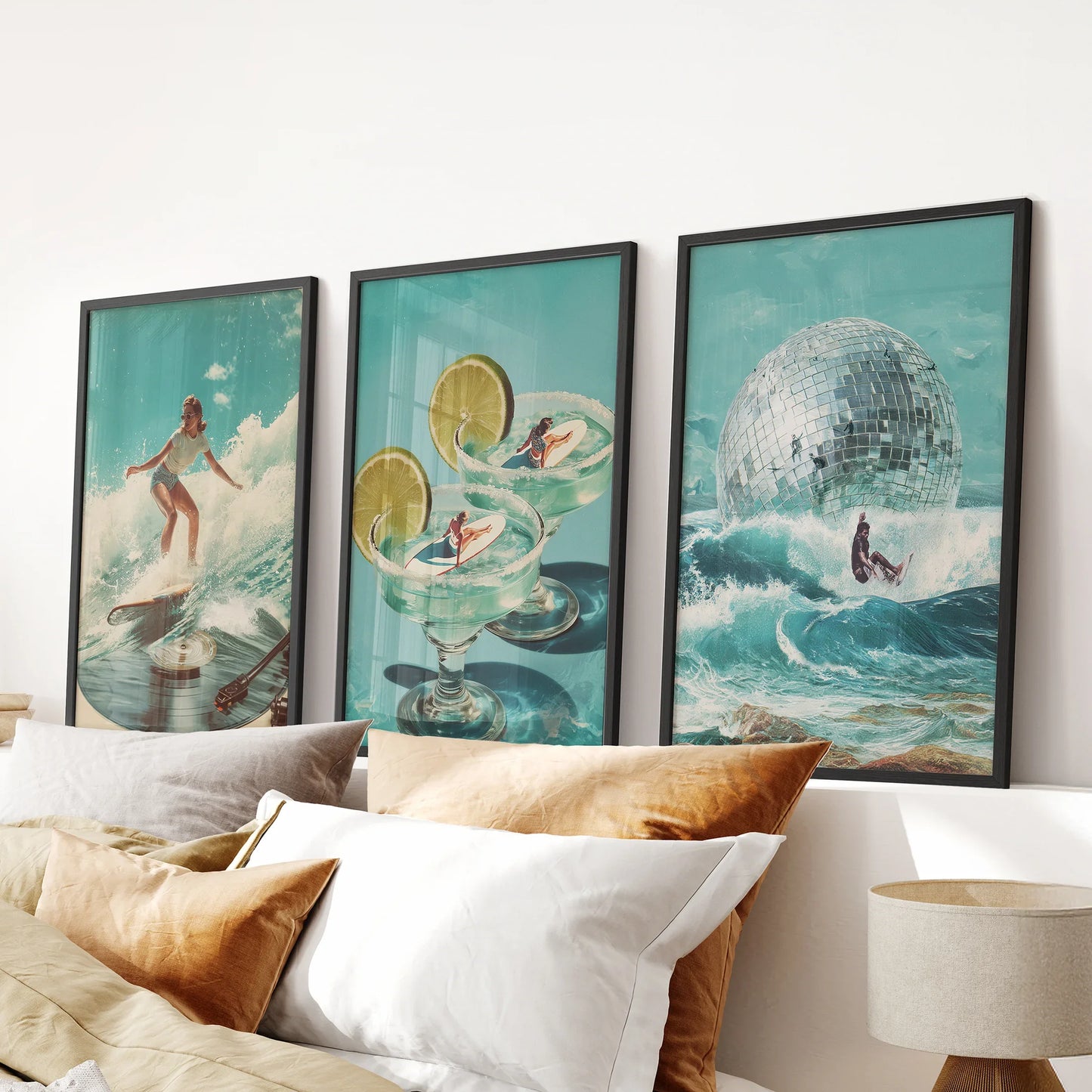 Retro Coastal Surfing Wall Art Set of 3. Surreal Blue Wave  (online exclusive)