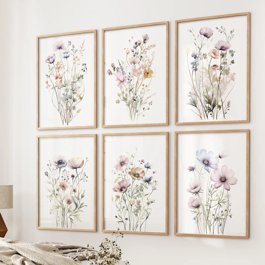 Botanical Watercolor 6 Piece Art Set. Meadow Flowers  Prints for Bedroom  (online exclusive)