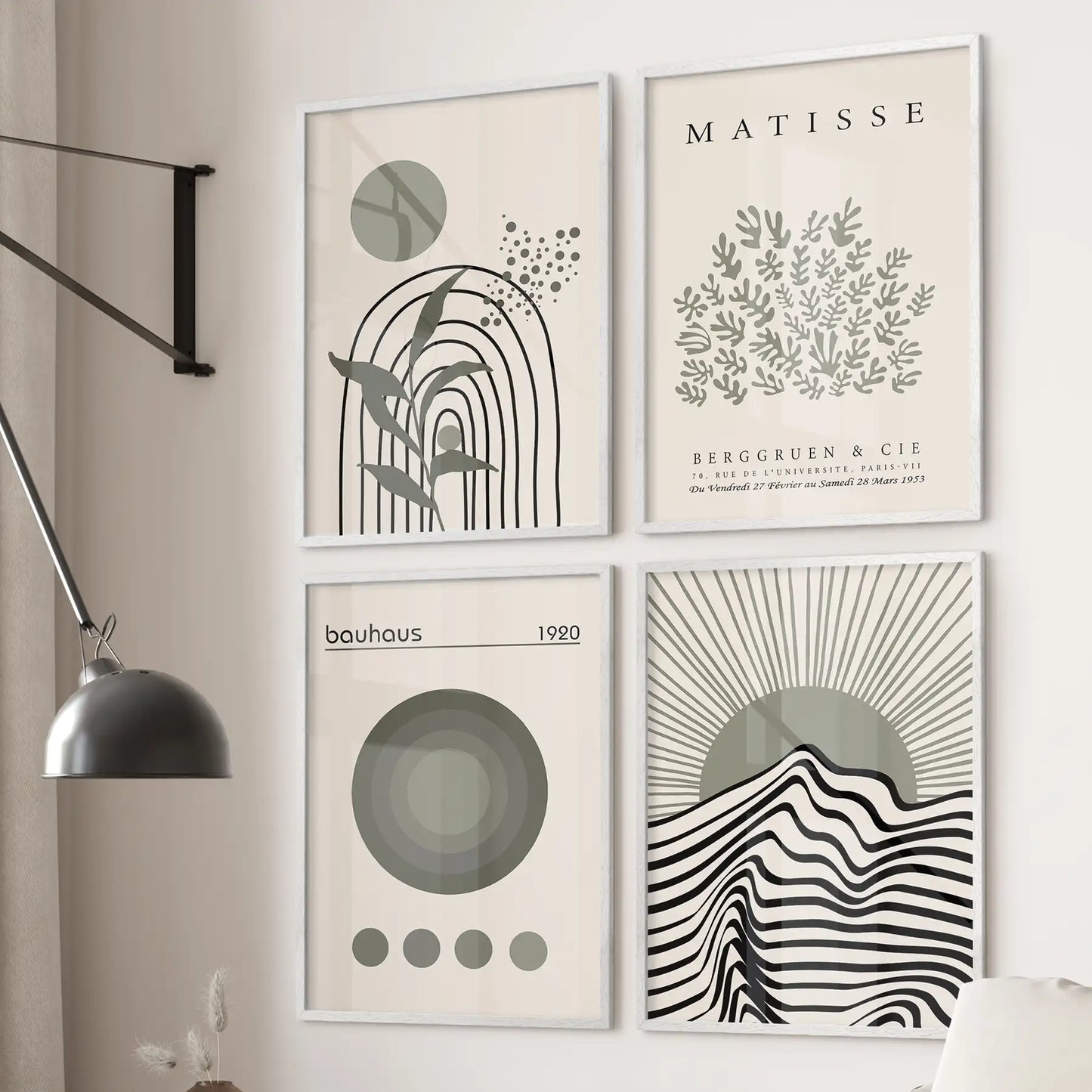 Modern Sage Green Wall Art. Set of 4 Bauhaus and Matisse-Inspired Prints  (online exclusive)