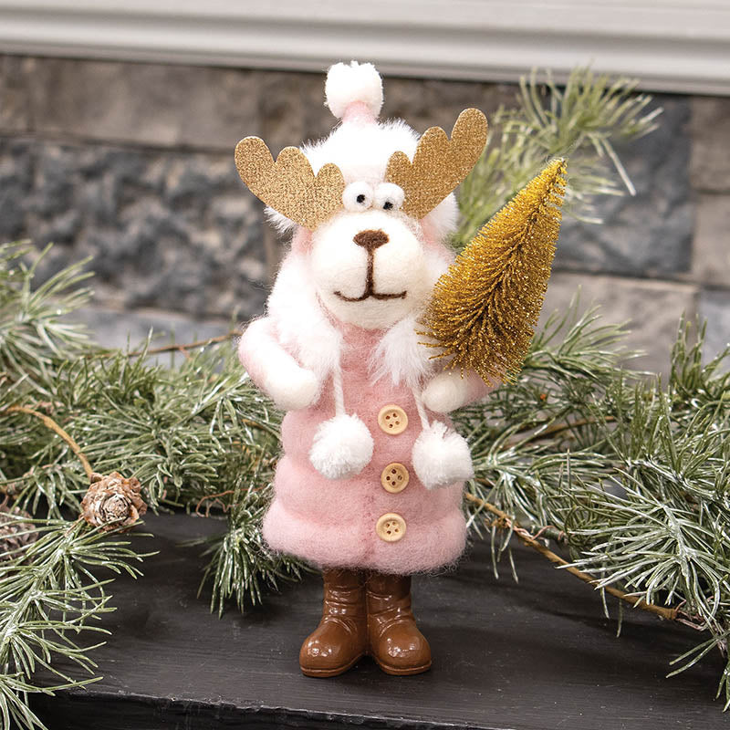 Moose in Pink Puffer Coat Felted Ornament