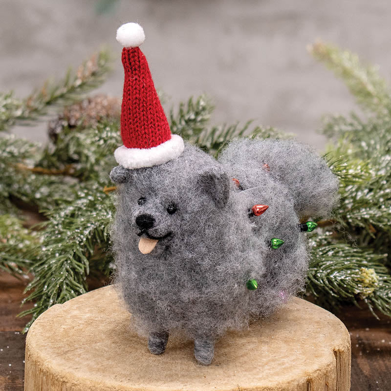 Fluffy Gray Dog with Christmas Lights Felted Ornament