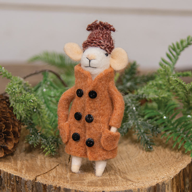 FELTED MOUSE IN TAN COAT ORNAMENT