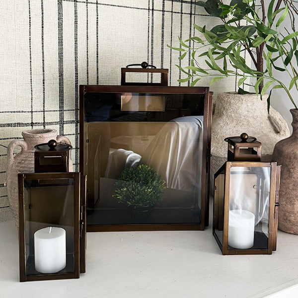 Rustic Bronze Tempered Glass Lanterns, Set of Three (Online Exclusive)