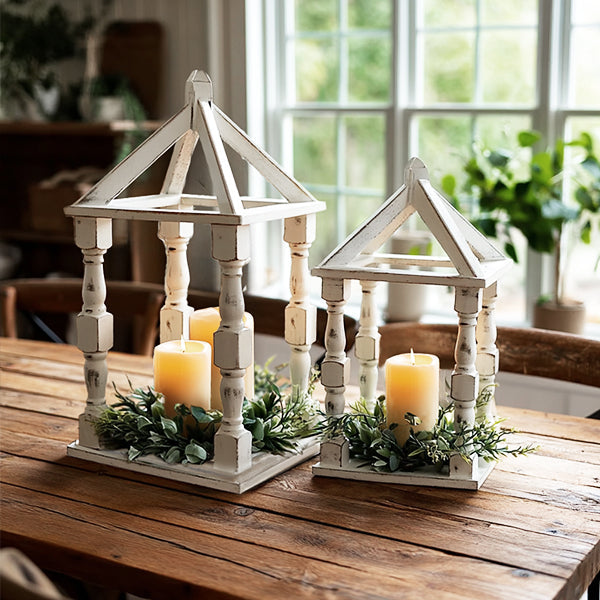Distressed White Turned Wooden Open Lanterns, Set of Two (Online Exclusive)