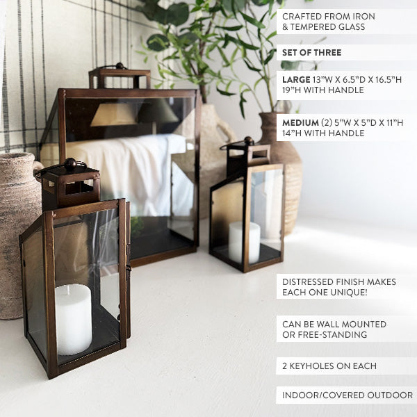 Rustic Bronze Tempered Glass Lanterns, Set of Three (Online Exclusive)
