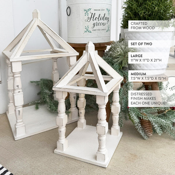 Distressed White Turned Wooden Open Lanterns, Set of Two (Online Exclusive)