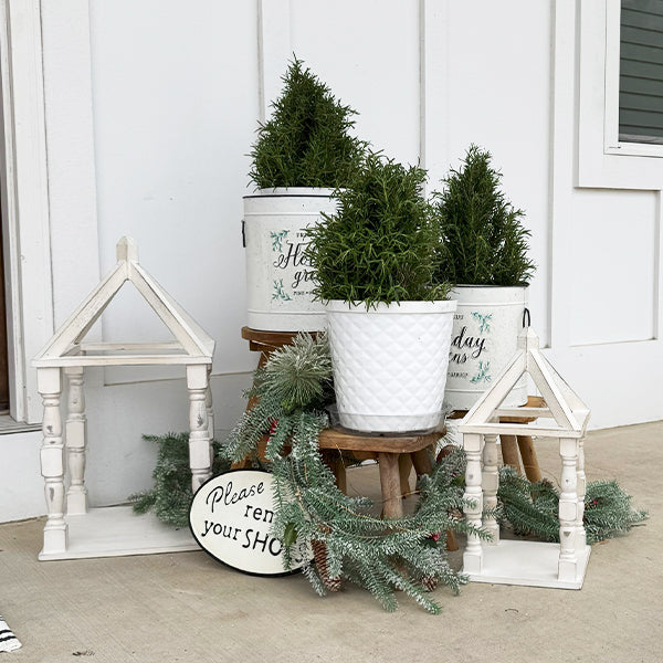 Distressed White Turned Wooden Open Lanterns, Set of Two (Online Exclusive)