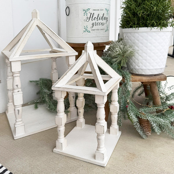 Distressed White Turned Wooden Open Lanterns, Set of Two (Online Exclusive)