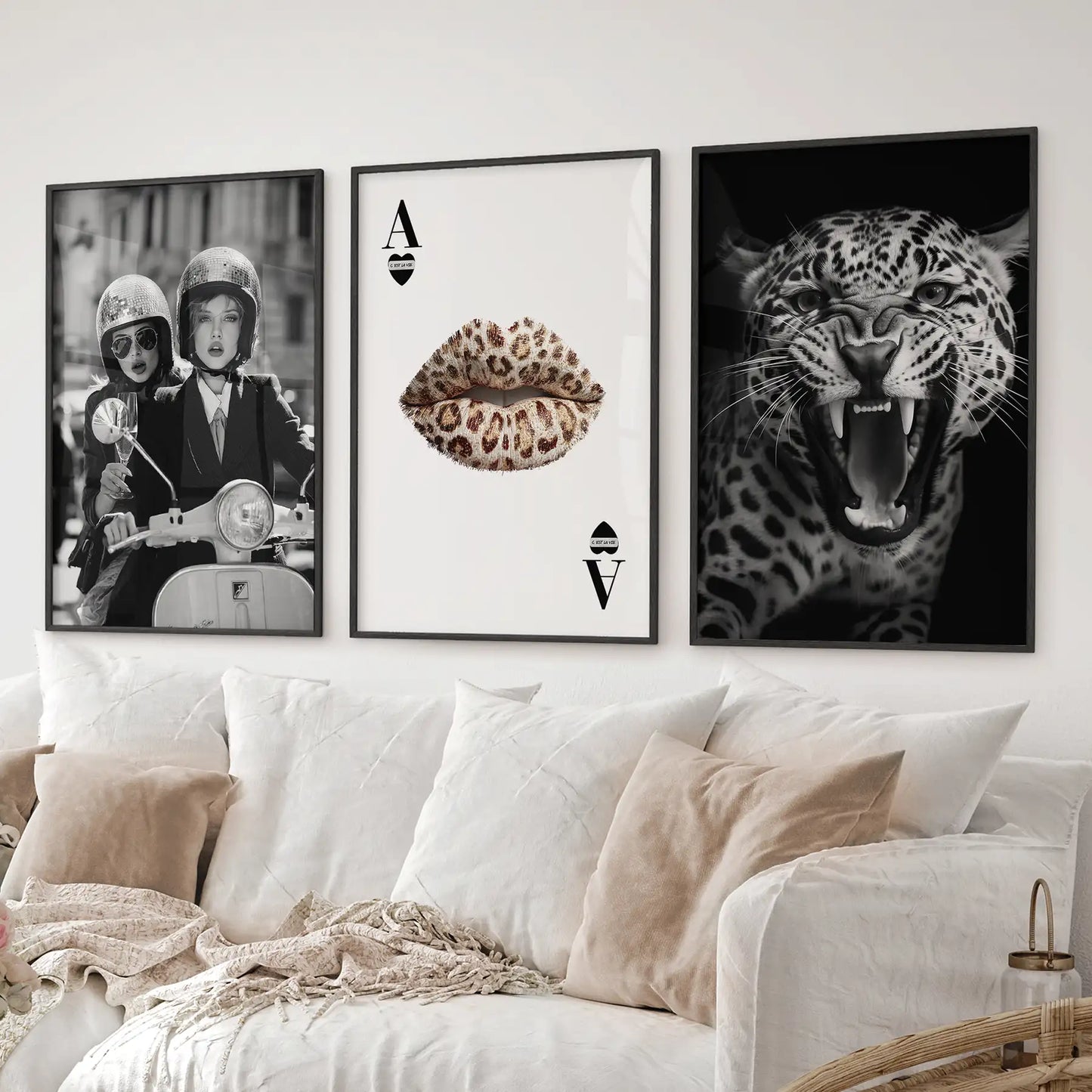 Black White Fashion Set of 3 Prints. Leopard, Lips, Scooter  (online exclusive)