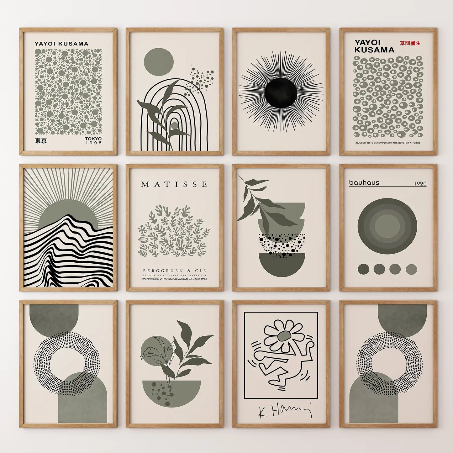 Set of 12 Sage Green Art. Abstract Matisse, Bauhaus  MCM Prints  (online exclusive)
