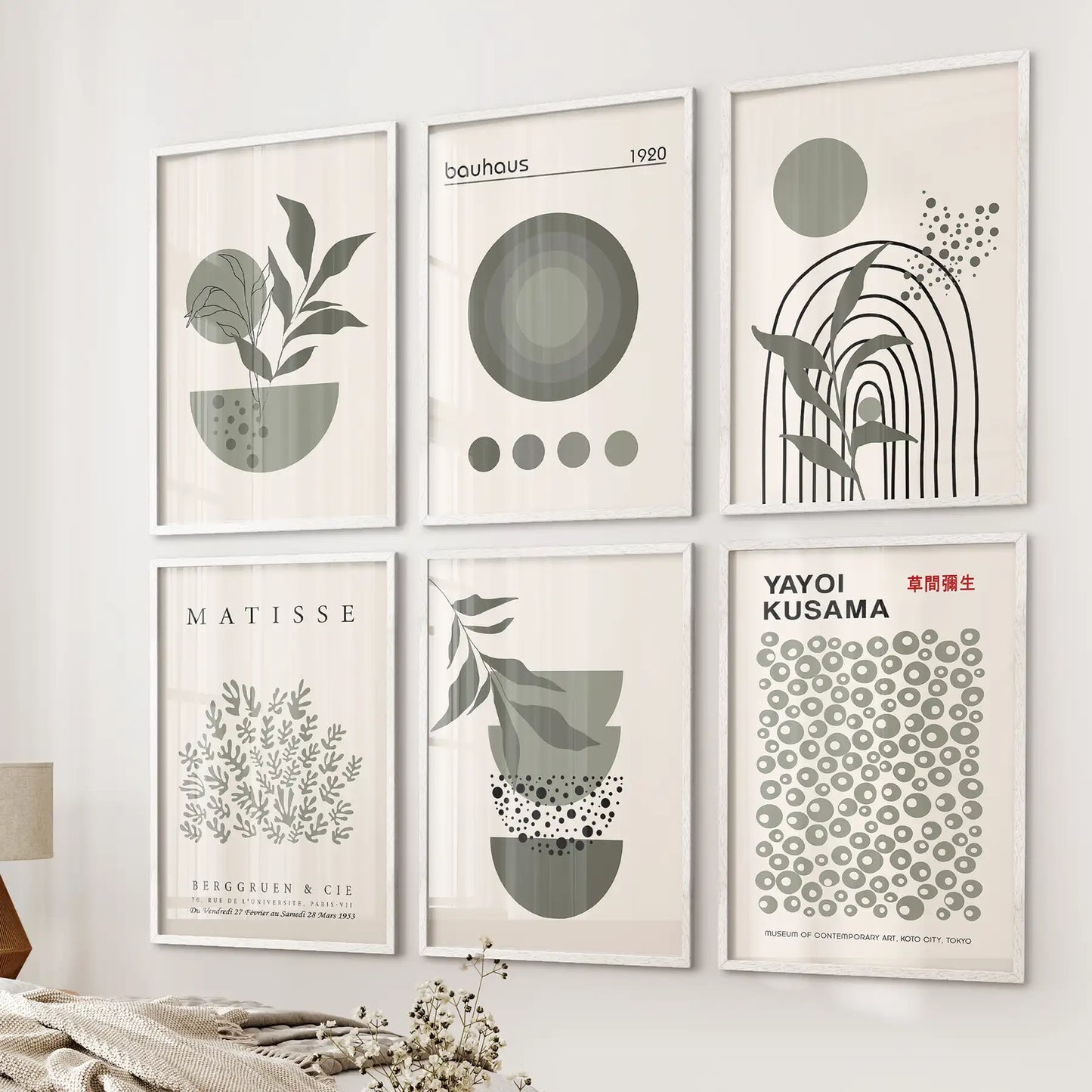 Sage Green Gallery Wall. Set of 6 Abstract Posters  Inspired by Matisse, Kusama and Bauhaus