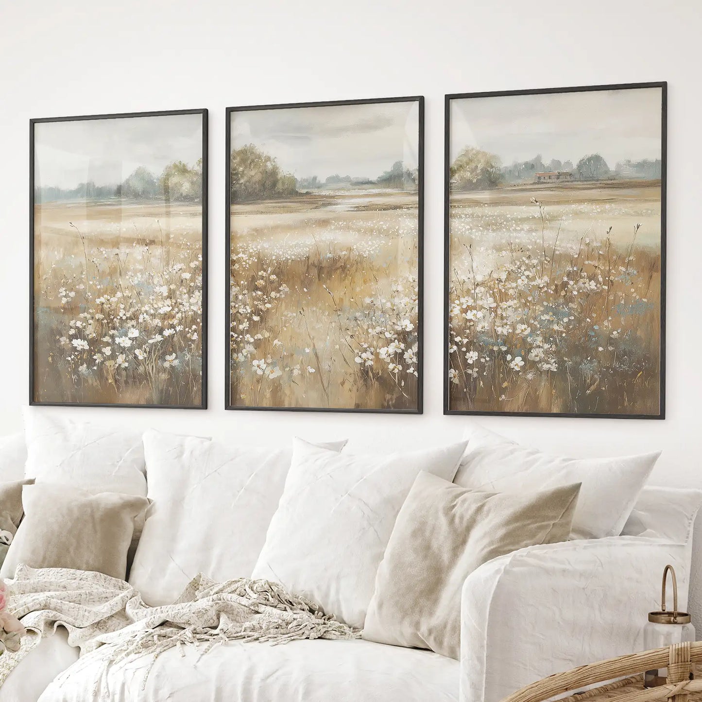 Neutral Floral Field Art Set of 3. Rustic Landscape  (online exclusive)