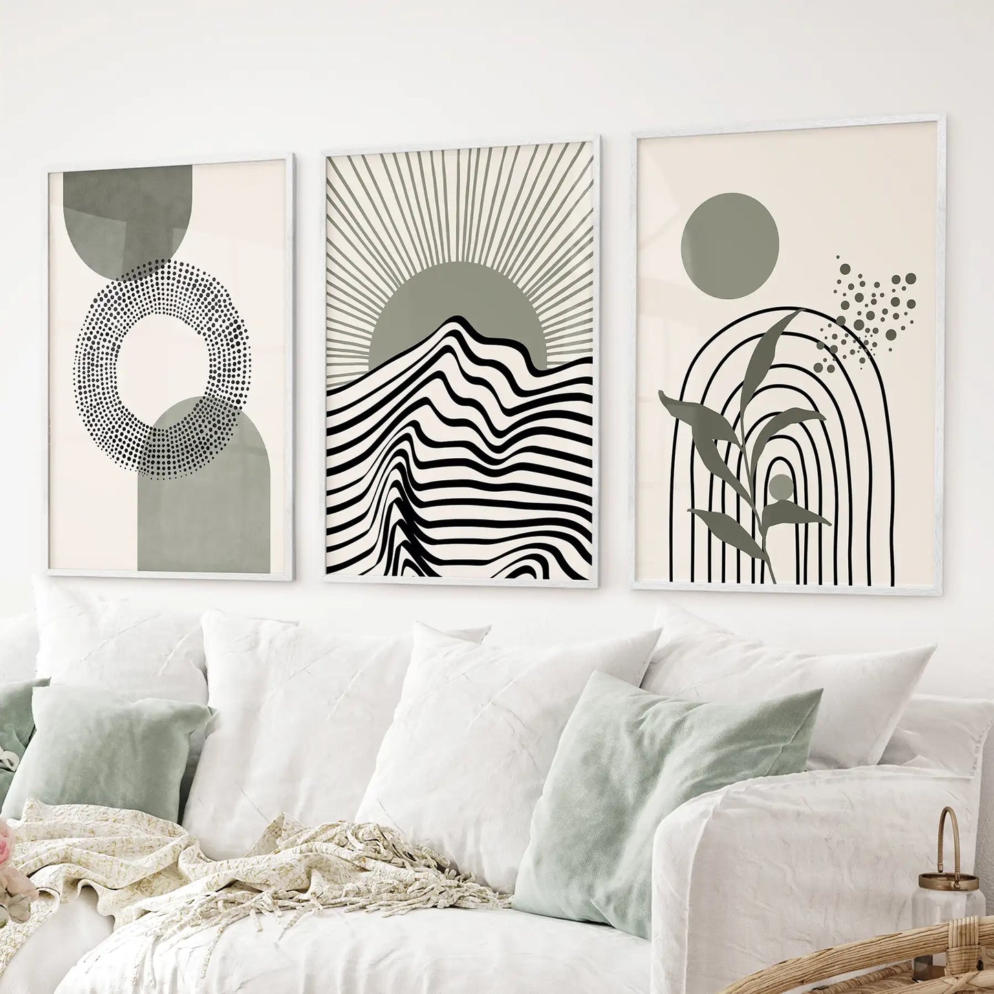 Boho Sage Green 3 Piece Wall Art. Mid-Century Art  Prints for Living Room  (online exclusive)