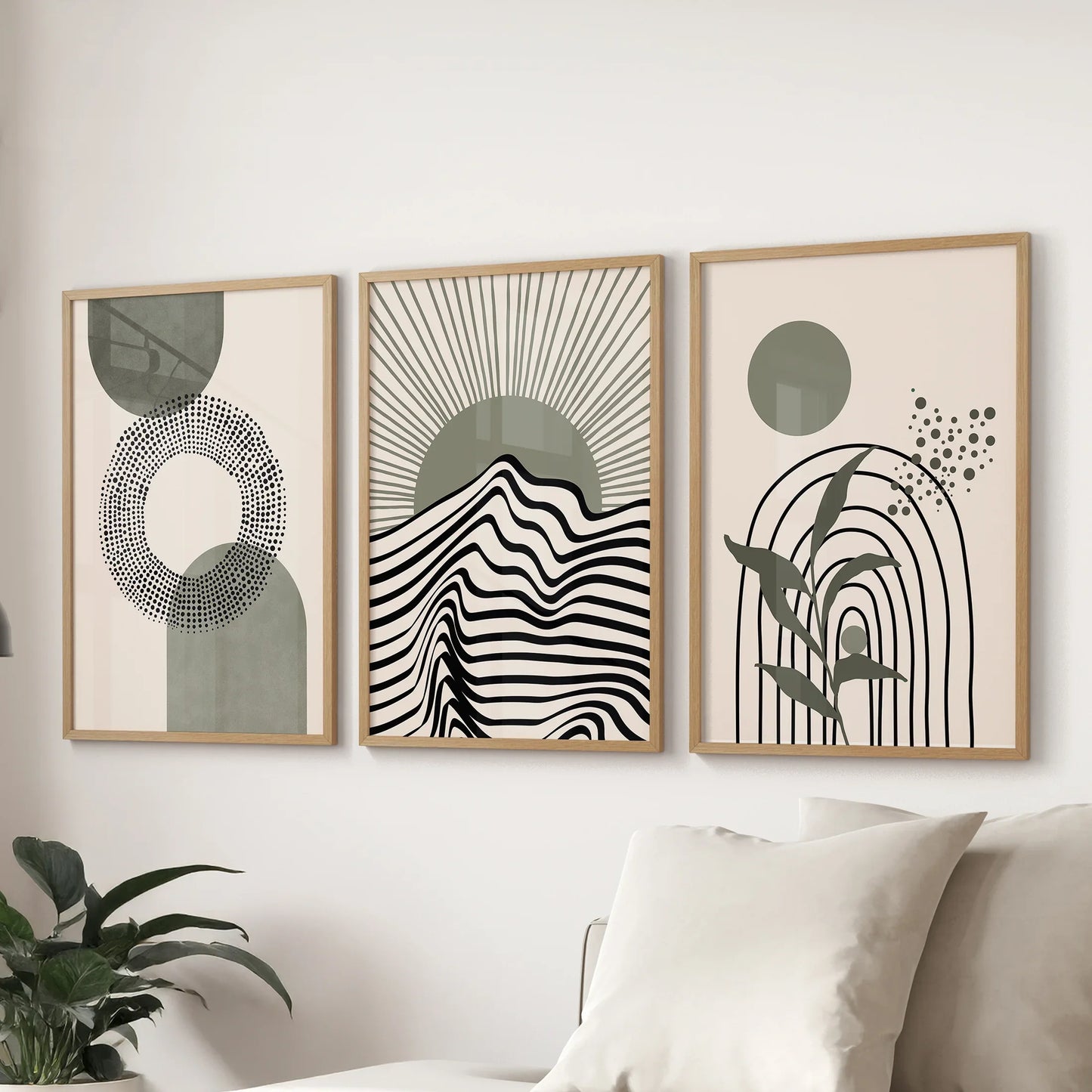 Boho Sage Green 3 Piece Wall Art. Mid-Century Art  Prints for Living Room  (online exclusive)