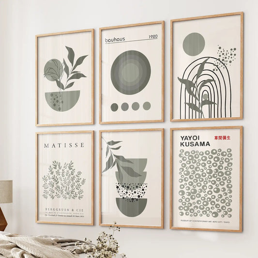 Sage Green Gallery Wall. Set of 6 Abstract Posters  Inspired by Matisse, Kusama and Bauhaus