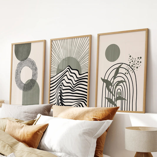 Boho Sage Green 3 Piece Wall Art. Mid-Century Art  Prints for Living Room  (online exclusive)