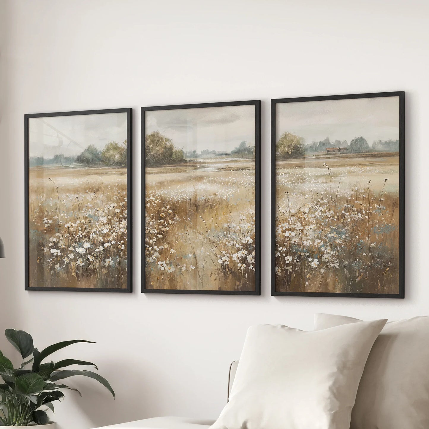 Neutral Floral Field Art Set of 3. Rustic Landscape  (online exclusive)