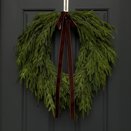 Faux Norfolk Pine Wreath with Dark Brown Velvet Bow (Online Exclusive)